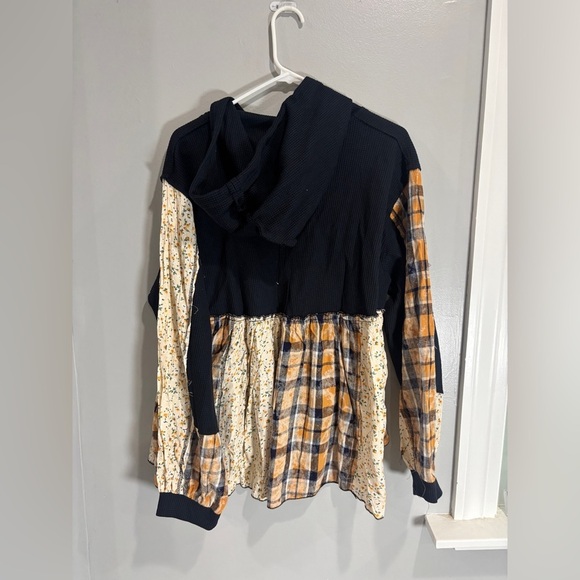 POL Mixed Fabric and Print Zip Up Hooded Top in Navy Medium Boho Bohemian Hippie - Picture 8 of 13